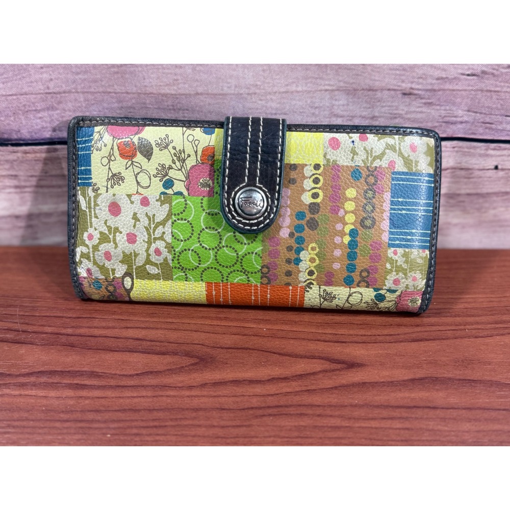 Fossil Patchwork Floral Polka Dot Bifold Wallet Multi Color Leather Trim